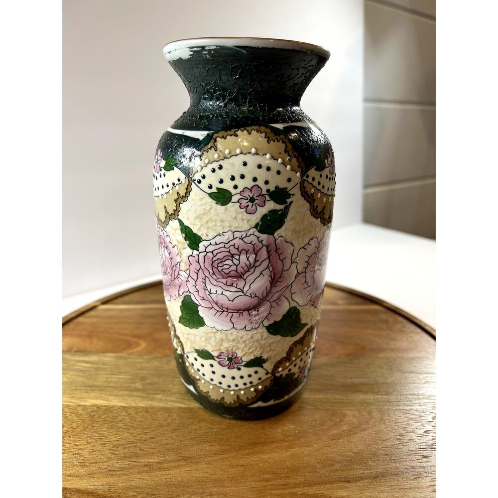 Vintage Floral Vase Ceramic Dark Green Floral Design‎ Home Decor Accent